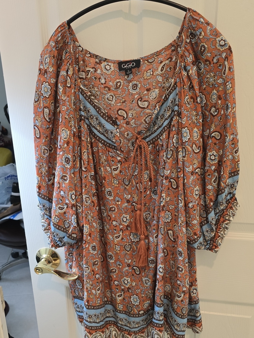 G.GIO Rust Paisley Peasant Blouse with Tassel Tie S or M